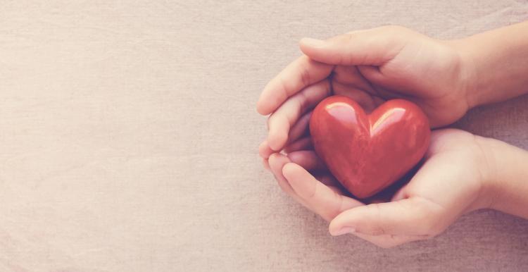 A pair of hands holding a red heart shaped ornament